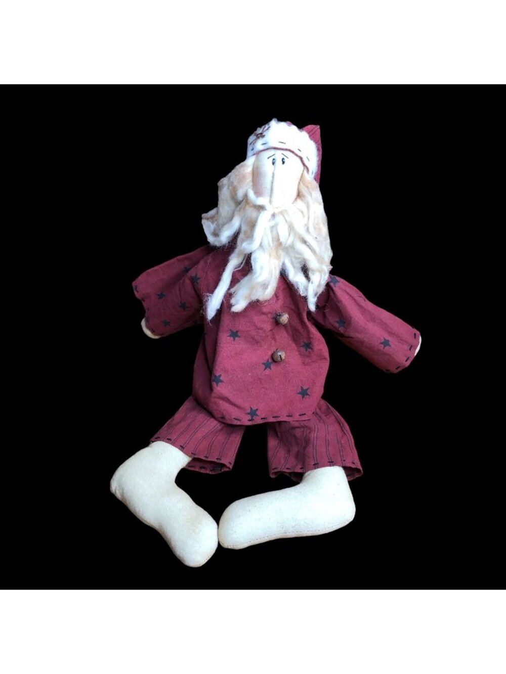 Honey and Me Sitting Primitive Santa in Pajamas Long Beard Bells Christmas Decor